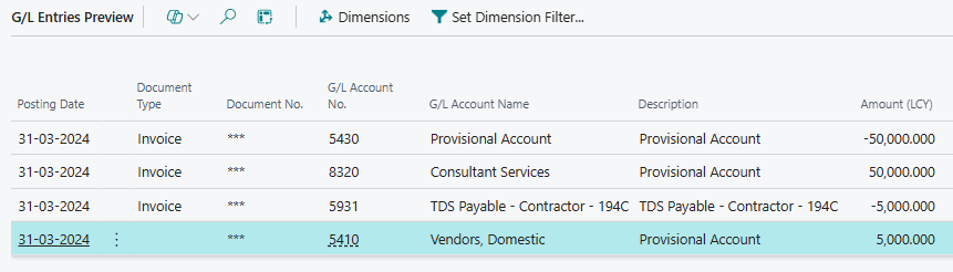 G/L Entries Preview in Dynamics 365 Business Central showing provisional expense entry with TDS deducted under section 194C at year-end
